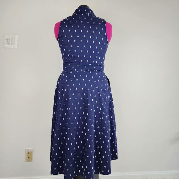 Chetta B Navy Blue Sleeveless Midi Fit & Flare Nautical Dress Pockets Size 6 - Picture 3 of 16
